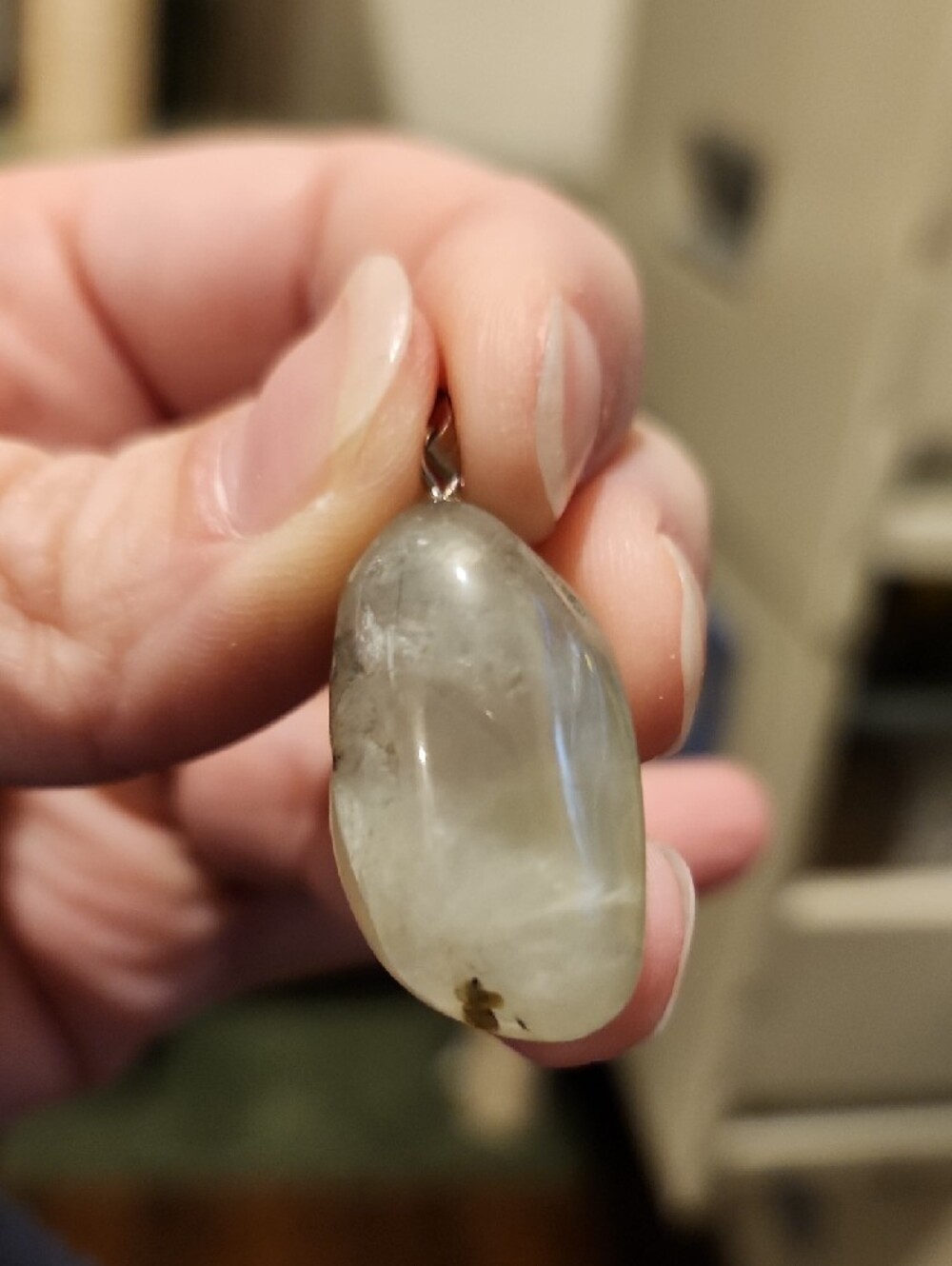 Tumbled Pale Green Prehnite with Tourmaline and Small Epidot Inclusions Pendant - Picture 2 of 7
